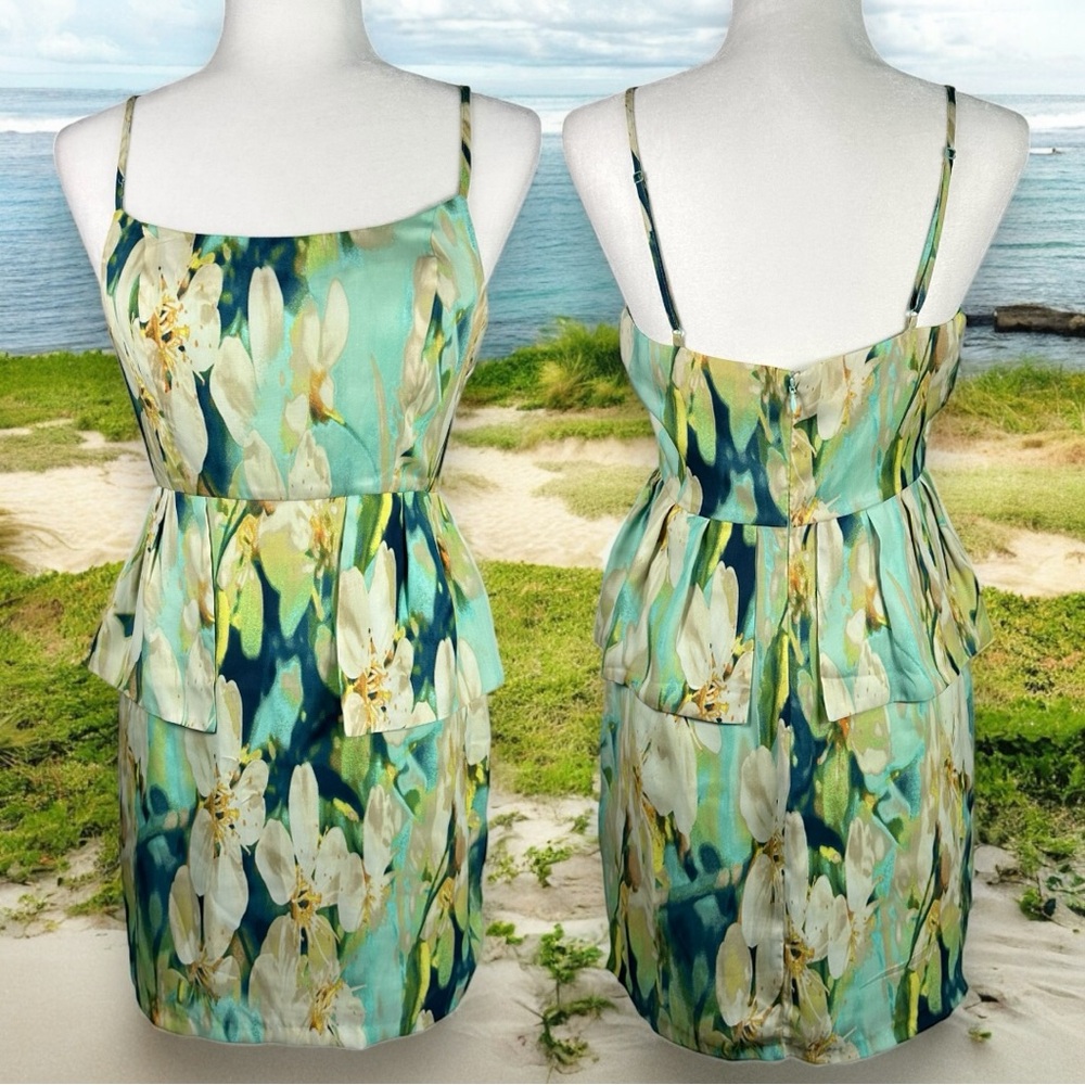 BB Dakota Floral Spaghetti Strap Peplum Turquoise Multi Color Mini Dress Size 4